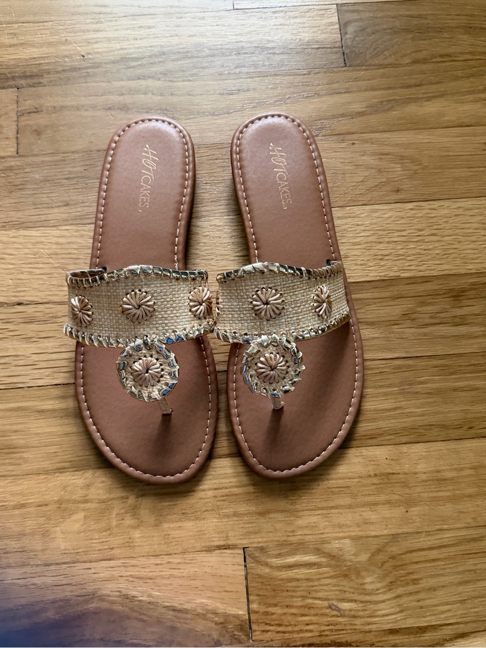 Hot Cakes Tan Braided Toe-Post Sandals with Metallic Accents